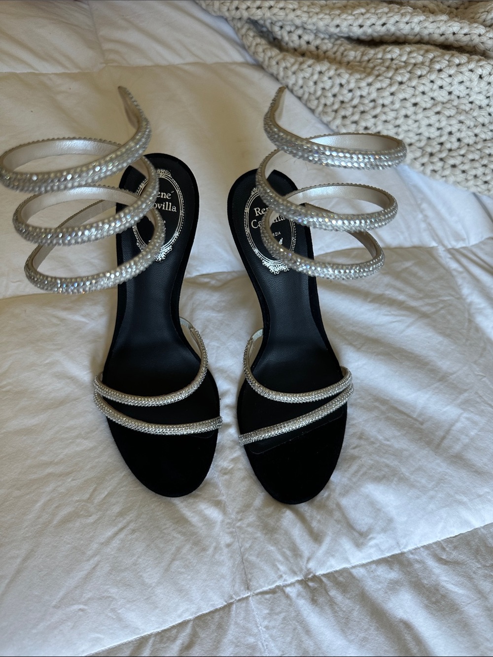 Rene Caovilla Black Satin Sandals with Silver Crystal Spiral Straps